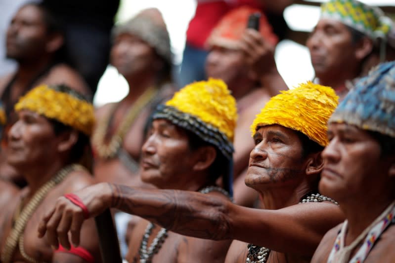 Indigenous people of the Munduruku tribe attend a press conference to ask authorities for protection for indigenous land and cultural rights in Brasilia