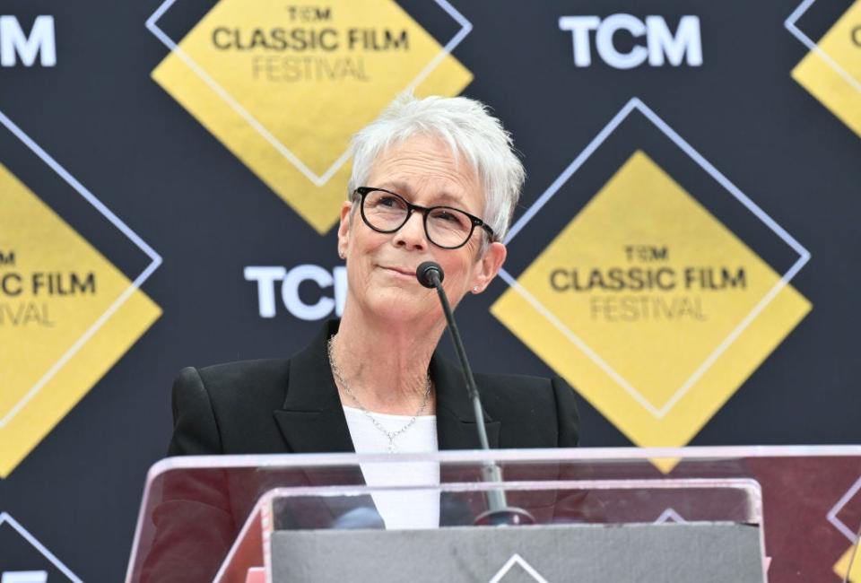 Jamie Lee Curtis speaking at an event