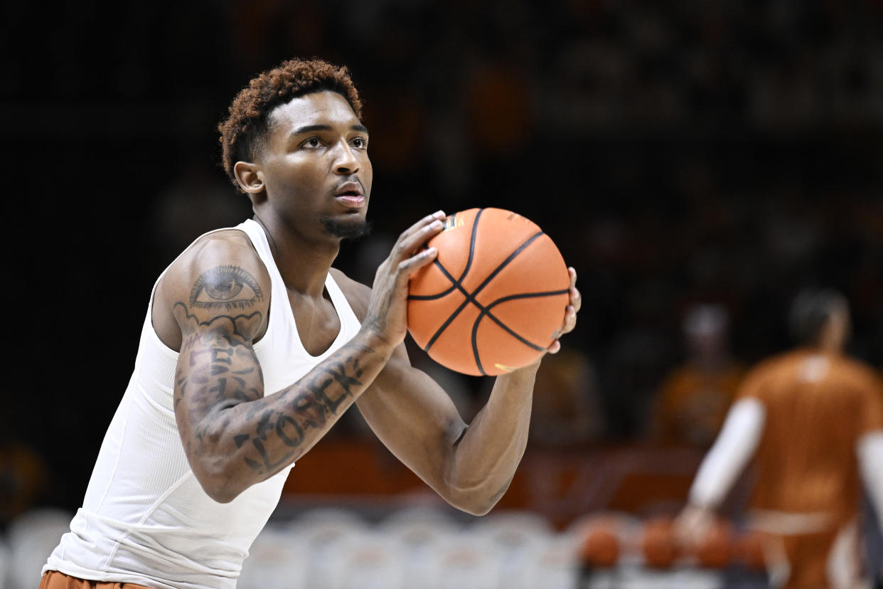 KNOXVILLE, TENNESSEE - JANUARY 28: Arterio Morris #2 of the Texas Longhorns shoots during warm ups before their game against the Tennessee Volunteers at Thompson-Boling Arena on January 28, 2023 in Knoxville, Tennessee. (Photo by Eakin Howard/Getty Images)