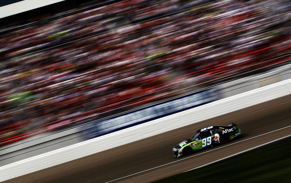 LAS VEGAS, NV - MARCH 11: Carl Edwards drives the #99 Aflac Ford during the NASCAR Sprint Cup Series Kobalt Tools 400 at Las Vegas Motor Speedway on March 11, 2012 in Las Vegas, Nevada. (Photo by Tom Pennington/Getty Images)