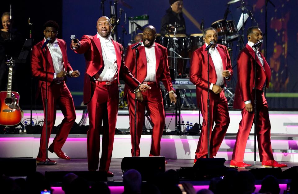 Otis Williams, center, the last original member of The Temptations, performs with the group on Feb. 3 at the MusiCares Person of the Year honoring Motown founder Berry Gordy and singer/songwriter Smokey Robinson in Los Angeles.