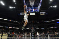 Indiana Pacers guard Chris Duarte (3) shoots a breakaway layup against the Washington Wizards during the first half of an NBA basketball game in Indianapolis, Monday, Dec. 6, 2021. (AP Photo/AJ Mast)