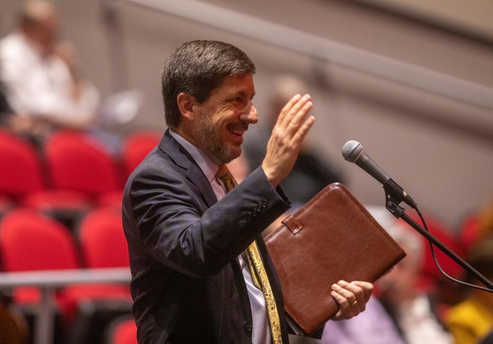 Florida District Court of Appeal Judge John K. Stargel greets lawmakers Friday afternoon during the Polk County legislative delegation's annual pre-session public meeting. Stargel offered an update on the newly opened Sixth District Court of Appeal office in Lakeland.