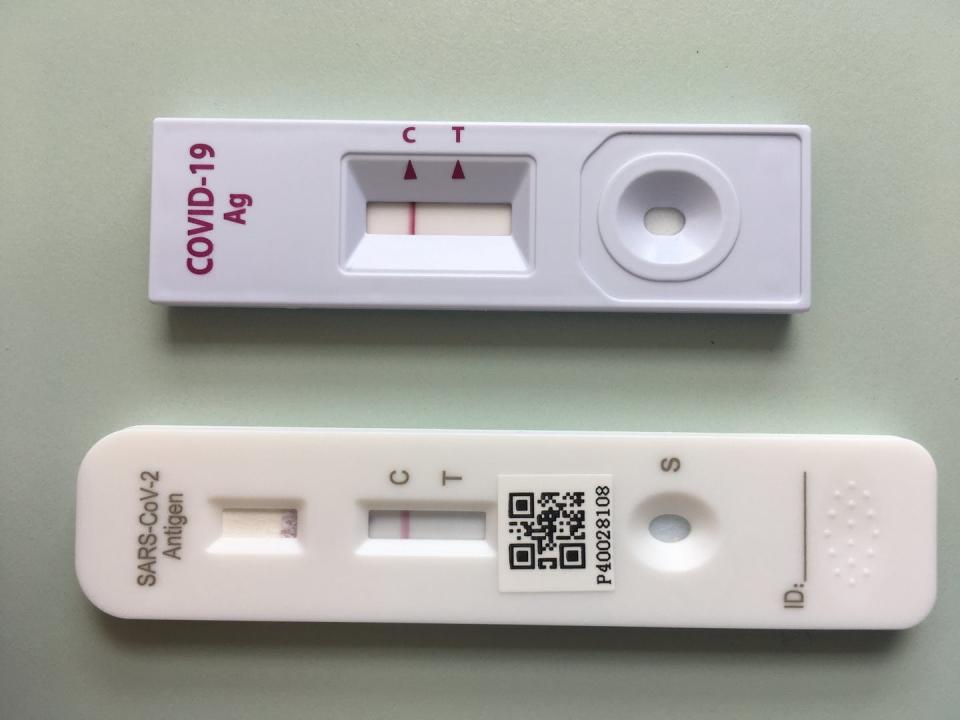 Dos pequeñas pruebas blancas de plástico con líneas blancas muestran resultados negativos y una depresión circular para colocar una muestra.