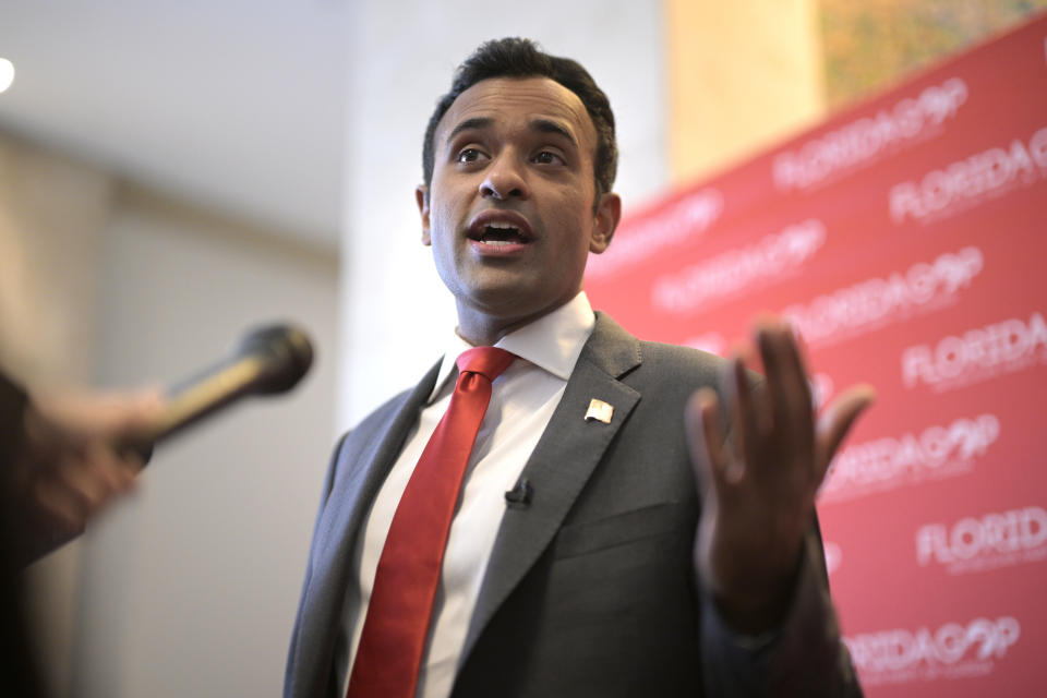 FILE - Republican presidential candidate Vivek Ramaswamy answers questions from reporters on Nov. 4, 2023, in Kissimmee, Fla. This year's lists of the most mispronounced words in the U.S. and Britain were released on Thursday, Dec. 7, by the online language learning company Babbel, and the biotech entrepreneur made the list. Ramaswamy's name is pronounced Vih-VAKE Rah-mah-SWAH-me. (AP Photo/Phelan M. Ebenhack, File)