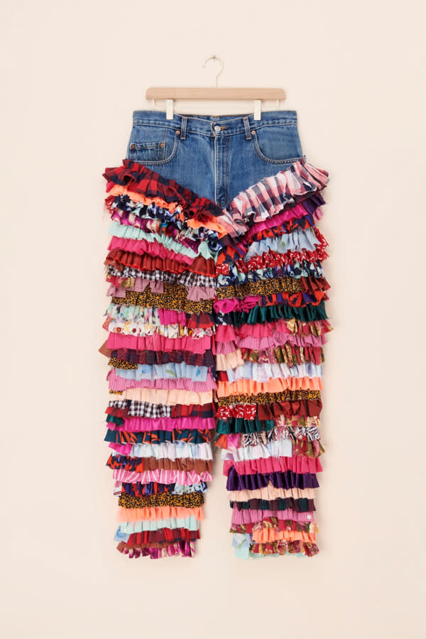 blue jeans with multicolored ruffles