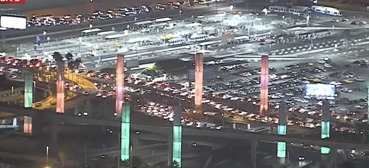Traffic was backed up at the entrance to Los Angeles Airport on Sunday night due to a suspicious package at Terminal 3 (NBC Los Angeles)