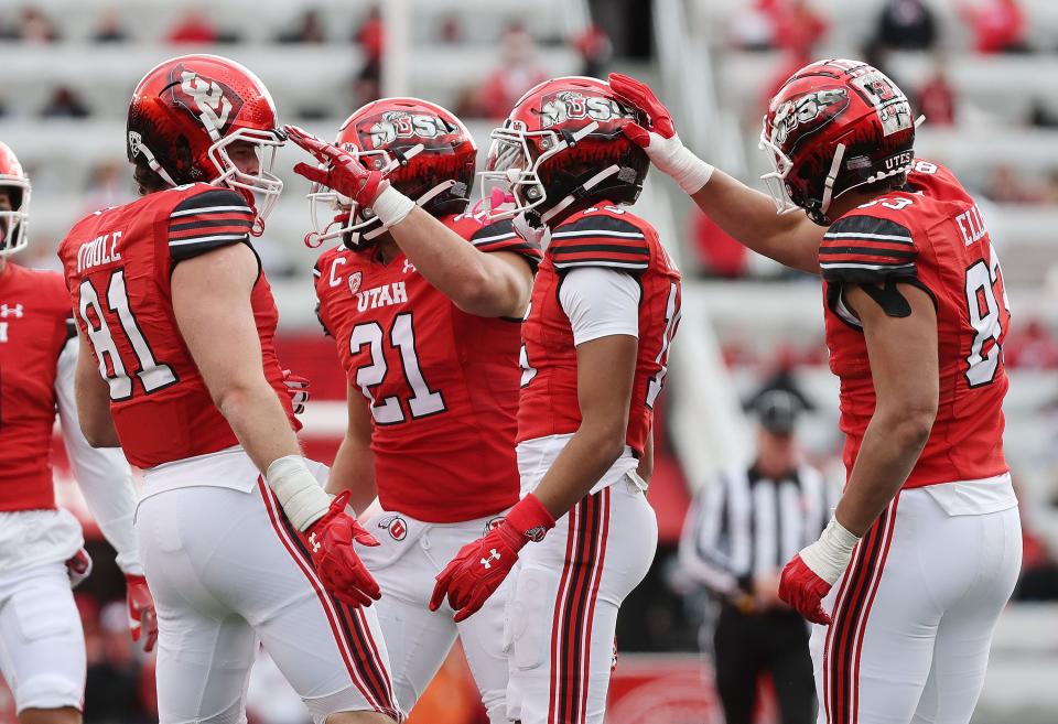 The Utah Utes defense celebrates a stand against Oregon in Salt Lake City on Saturday, Oct. 28, 2023. Oregon won 35-6. | Jeffrey D. Allred, Deseret News