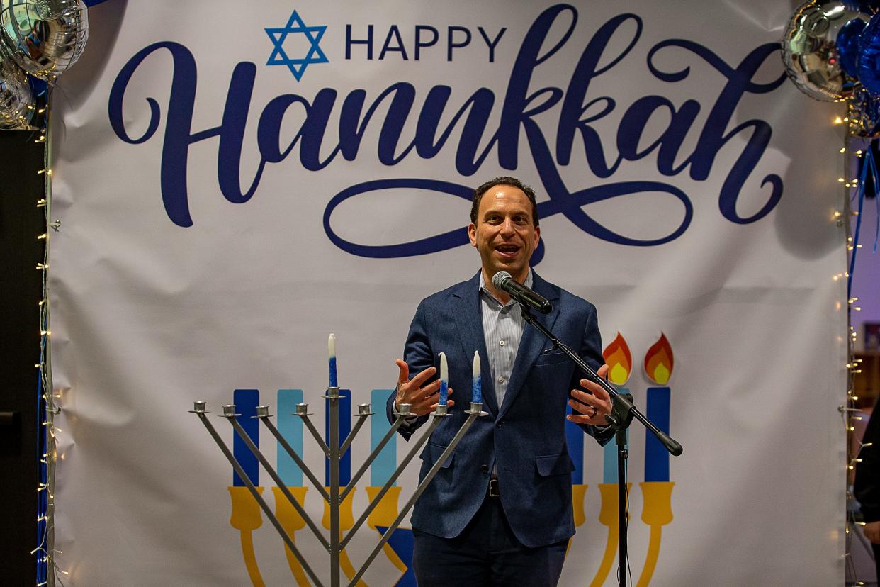 Then Mayor-Elect Craig Greenberg greeted the crowd before lighting a menorah during a Hanukkah celebration at the Trager Family Jewish Community Center on Monday, Dec. 19, 2022.