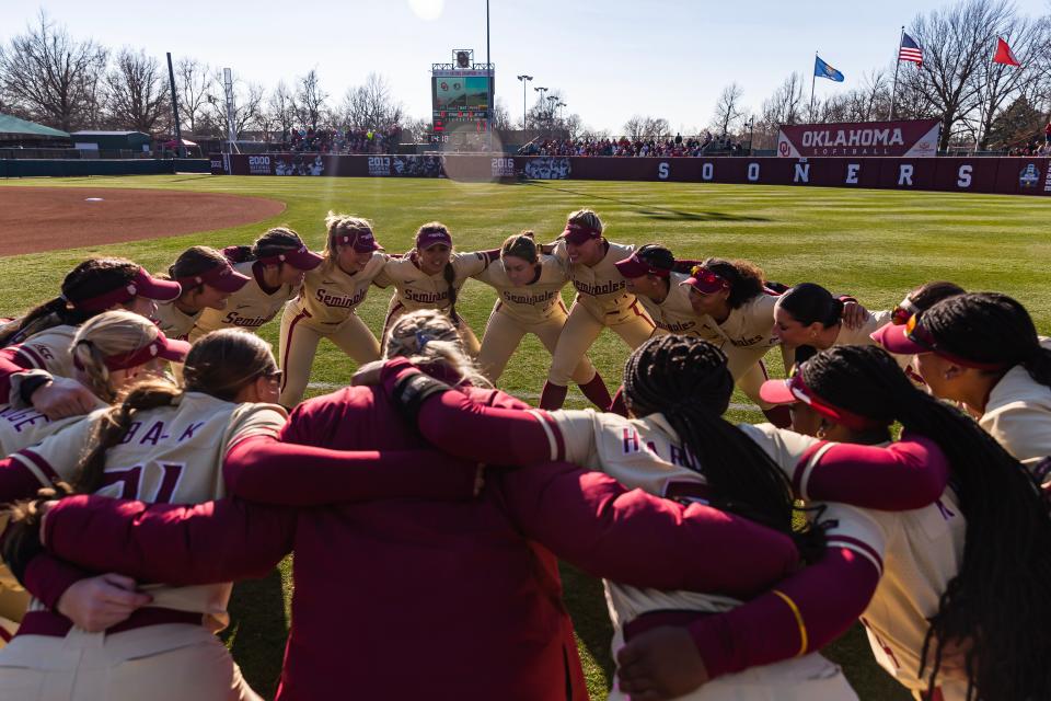 Florida State softball gets ready to play No. 1 Oklahoma on Tuesday, March 14, 2023, in Norman, Okla.