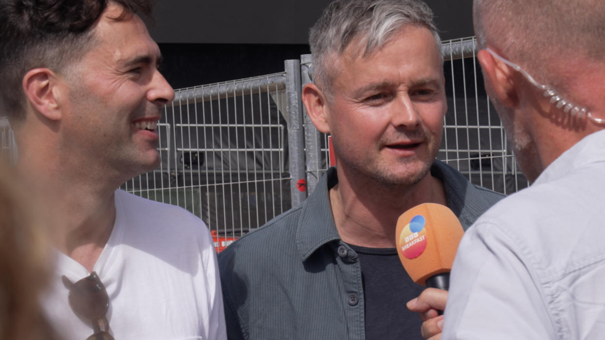 Keane’s Tom Chaplin and Tim Rice-Oxley speaking to the media at Glastonbury Festival (Tom Leese/PA)