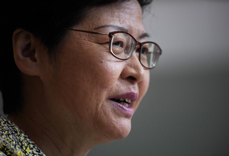 Hong Kong Chief Executive Carrie Lam speaks to reporters' during a press conference at the government building in Hong Kong Tuesday, Sept. 24, 2019. The Beijing-backed leader is hoping to tone down increasingly violent protests ahead of China’s National Day celebrations on Oct. 1. The unrest was sparked by an extradition bill that has now been withdrawn but protesters now demand greater democracy.(AP Photo/Vincent Yu)