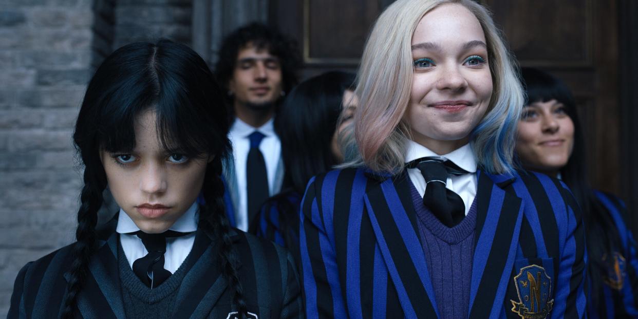 Wednesday. (L to R) Jenna Ortega as Wednesday Addams, Emma Myers as Enid Sinclair in episode 102 of Wednesday.