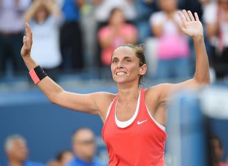 Roberta Vinci of Italy reacts after beating Serena Williams of the USA on day twelve of the 2015 U.S. Robert Deutsch-USA TODAY Sports