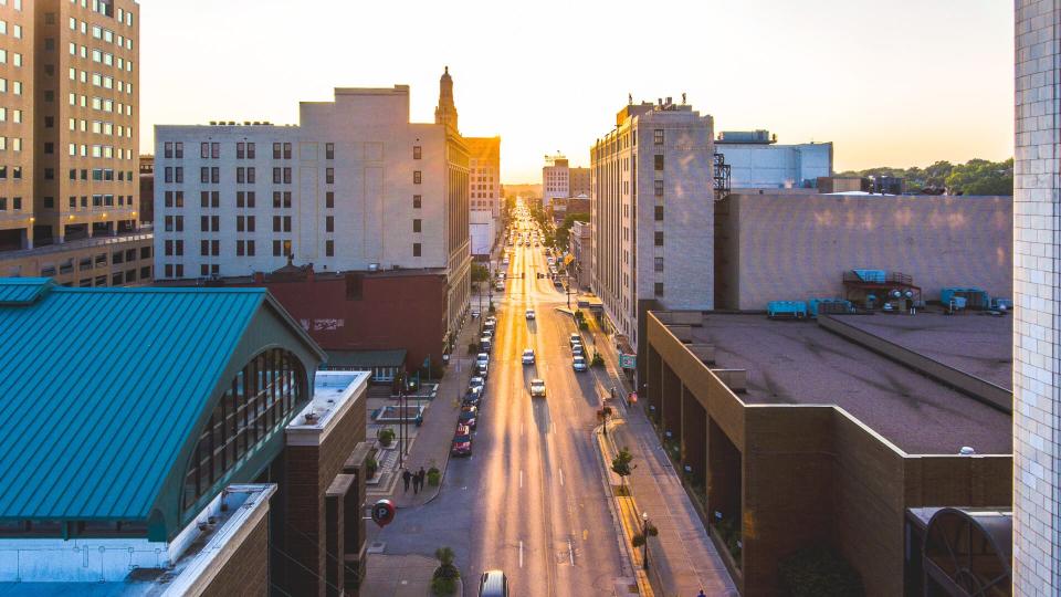 Davenport Iowa cityscape at sunset