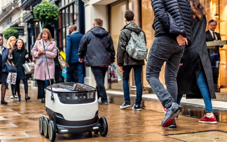 The company’s six-wheeled robots are powered by electric batteries which can operate within a 4-mile radius and have been delivering plant-based milk made by organic health firm Plenish - Simon Birt