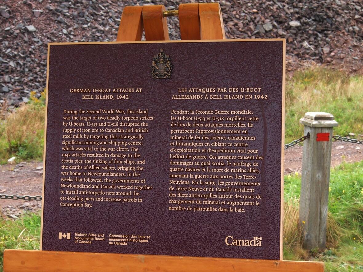 A plaque commemorating the national historic significance of the German U-boat attacks on Bell Island in 1942 was unveiled in a ceremony last week. (Submitted by Teresita McCarthy - image credit)
