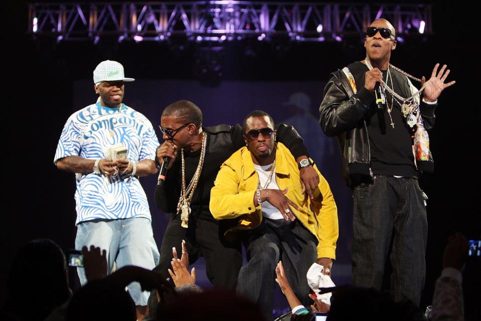 Rappers 50 Cent, Kanye West, P. Diddy, and Jay Z perform onstage during Screamfest '07 at Madison Square Garden on August 22, 2007 in New York City.