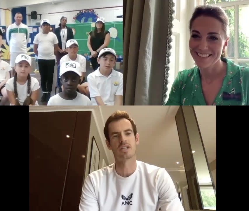 The Duchess of Cambridge speaking to students from Bond Primary School alongside former Wimbledon champion, Andy Murray (Kensington Royal)