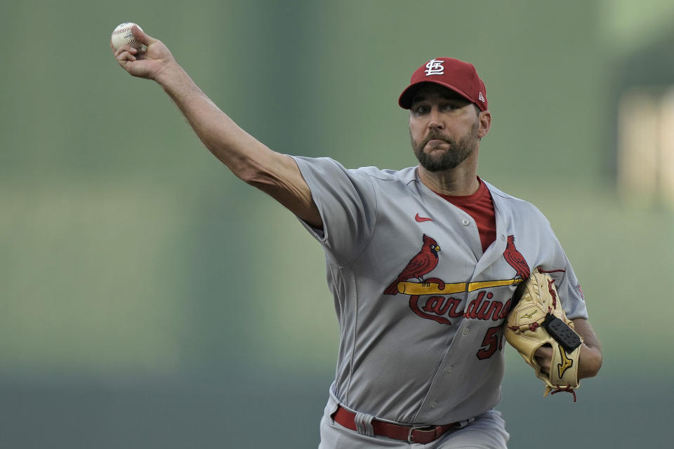 St. Louis Cardinals starting pitcher Adam Wainwright throws during the first inning of a baseball game against the Kansas City Royals Friday, Aug. 11, 2023, in Kansas City, Mo. (AP Photo/Charlie Riedel)