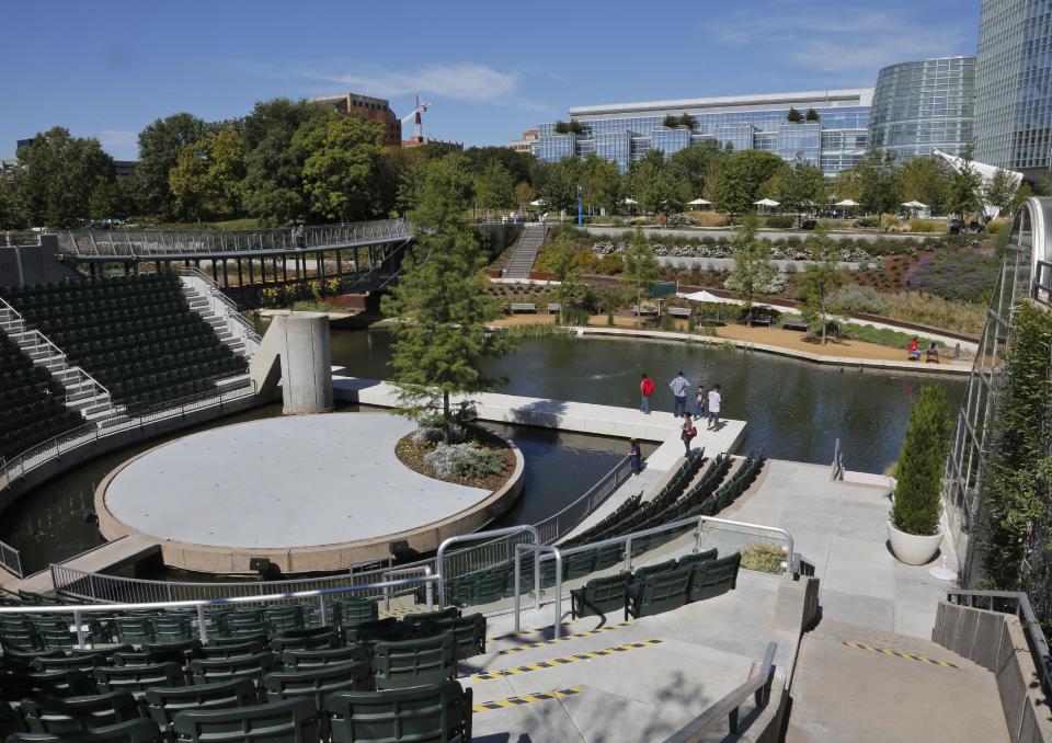 This Oct. 9, 2013 photo shows the Myriad Botanical Gardens in Oklahoma City. The 17-acre gardens have landscaping surrounded by a small lake and an outdoor amphitheater. Trees, shrubbery and other landscaped areas surround a small lake. A children’s garden, splash fountains, off-leash dog park and paths for running and walking offer visitors a variety of activities. In the summer, free concerts, movies and children’s events are held throughout the gardens. (AP Photo/Sue Ogrocki)