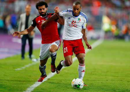 Soccer Football - 2018 World Cup Qualifications - Africa - Egypt vs Congo - Borg El Arab Stadium, Alexandria, Egypt - October 8, 2017 Egypt’s Mohamed Salah in action with Congo's Tobias Badila REUTERS/Amr Abdallah Dalsh