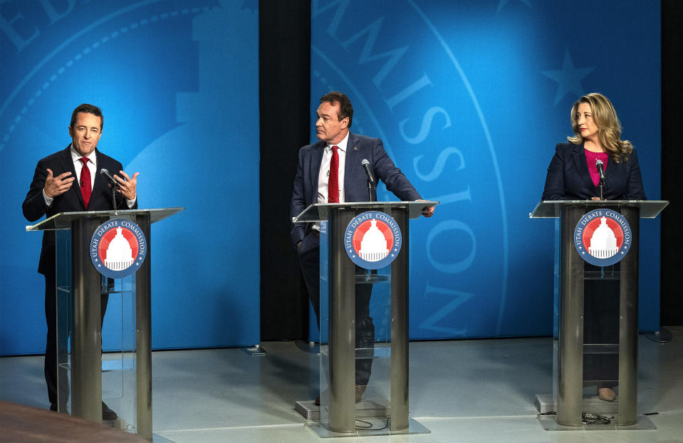 From left to right, Derek Brown, Frank Mylar and Rachel Terry appear on stage during a attorney general GOP primary debate on Tuesday, June 11, 2024, in Salt Lake City. (Rick Egan/The Salt Lake Tribune, via AP, Pool)