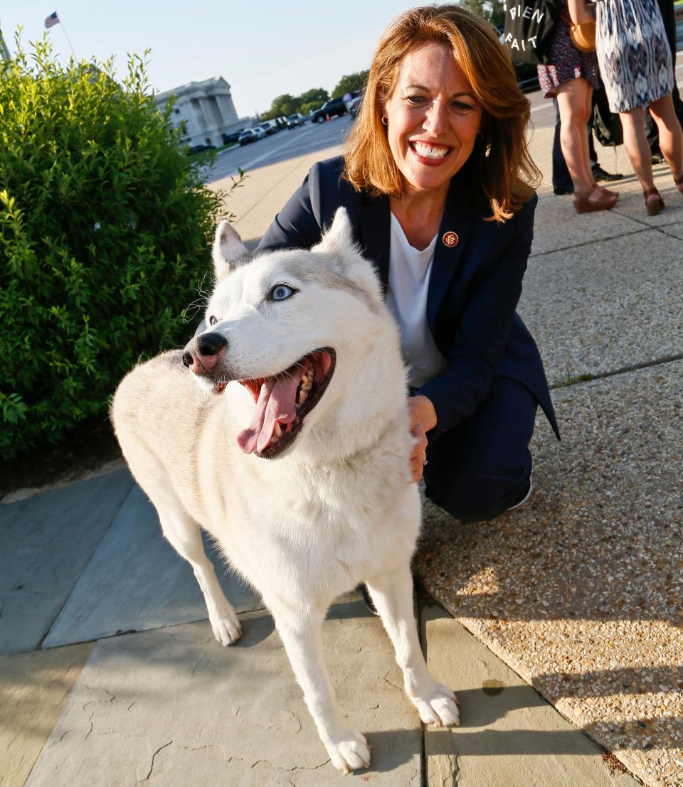 PACT Act co-sponsor Rep. Cindy Axne (D-Iowa) with Pepper at an event to urge the U.S. House to pass the bill against animal cruelty on July 15. (Photo: Paul Morigi/AP Images for Humane Society Legislative Fund)