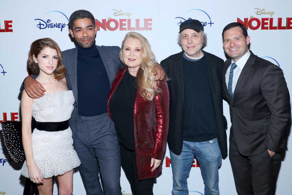 Cast and crew including, from left, stars Anna Kendrick and Kingsley Ben-Adir, producer, Suzanne Todd and writer/director Marc Lawrence with Louis Provost, senior vice president of production at the Walt Disney Studios, attend the Disney + Premiere Of "Noelle" at SVA Theatre on Nov. 11, 2019 in New York City.