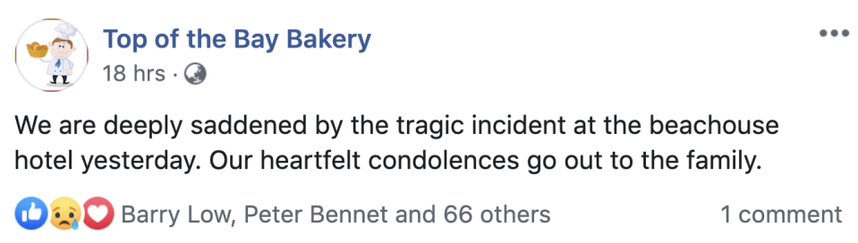 The bakery took to social media to say it was saddened by the tragedy. Source: Facebook 