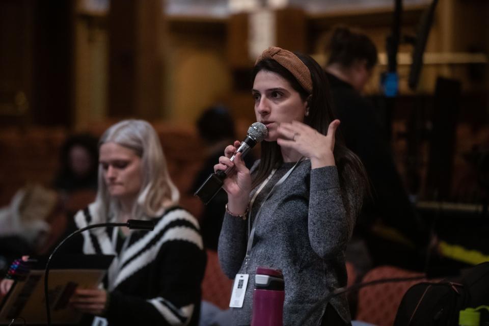 Sammi Cannold, director of the new Broadway musical "How to Dance in Ohio," oversees rehearsals at the Belasco Theater in New York City Nov. 30, 2023. The musical, based on a 2015 documentary, tells the story of a group of young people with autism who are preparing for their first Spring formal dance. Cannold, a rising star in the directing world, is a Westchester native and Byram Hills High School graduate and makes her Broadway debut with this production.