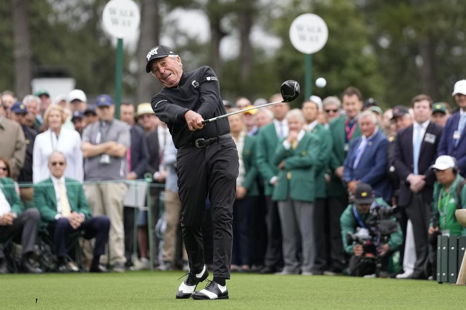 Honorary starter Gary Player hits the ceremonial tee shot on the first hole during the first round at the Masters golf tournament at Augusta National Golf Club Thursday, April 11, 2024, in Augusta, Ga. (AP Photo/George Walker IV)