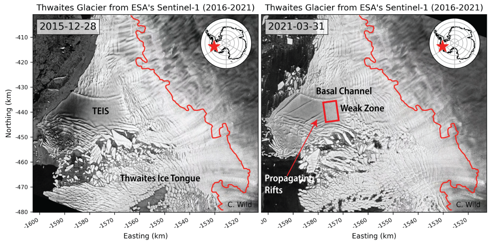 An image presented by the researchers shows the ice shelf in 2015 and in 2021.  / Credit: The American Geophysical Union