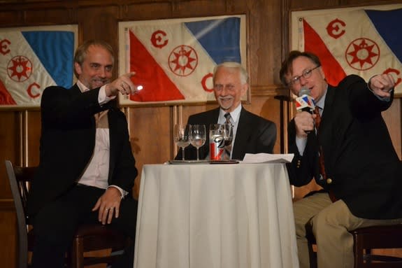 Richard Garriott (left) picks out fellow space tourist Dennis Tito in the audience at the Explorers Club. On Sept. 4, 2013, Garriott and his father, former NASA astronaut Owen Garriott (middle) were interviewed by adventurer and journalist Jim