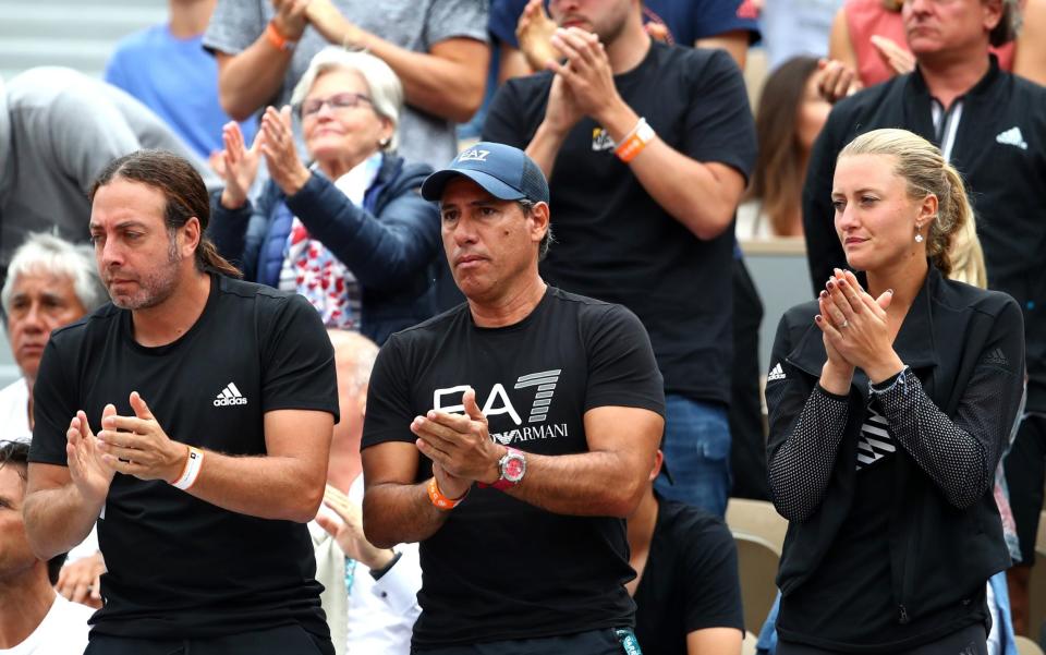 Nicolas Massu, coach of Dominic Thiem of Austria and his girlfriend Kristina Mladenovic watch on during his mens singles final against Rafael Nadal of Spain during Day fifteen of the 2019 French Open at Roland Garros on June 09, 2019 in Paris, France.  - GETTY IMAGES