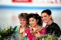 <p>Just a few months later, Harding (silver), Kristi Yamaguchi (gold), and Nancy Kerrigan (bronze) made up the only national team ever to sweep the ladies’ podium at a World Championships. Yamaguchi would go on to win the gold at the 1992 Albertville Olympics, where Kerrigan won bronze and Harding finished just off the podium in 4th. </p>