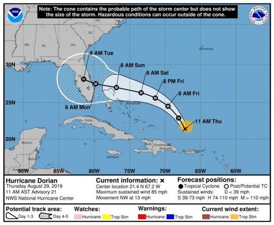 The apparently pre-doctored version of Hurricane Dorian's potential path released by the NOAA (EPA)