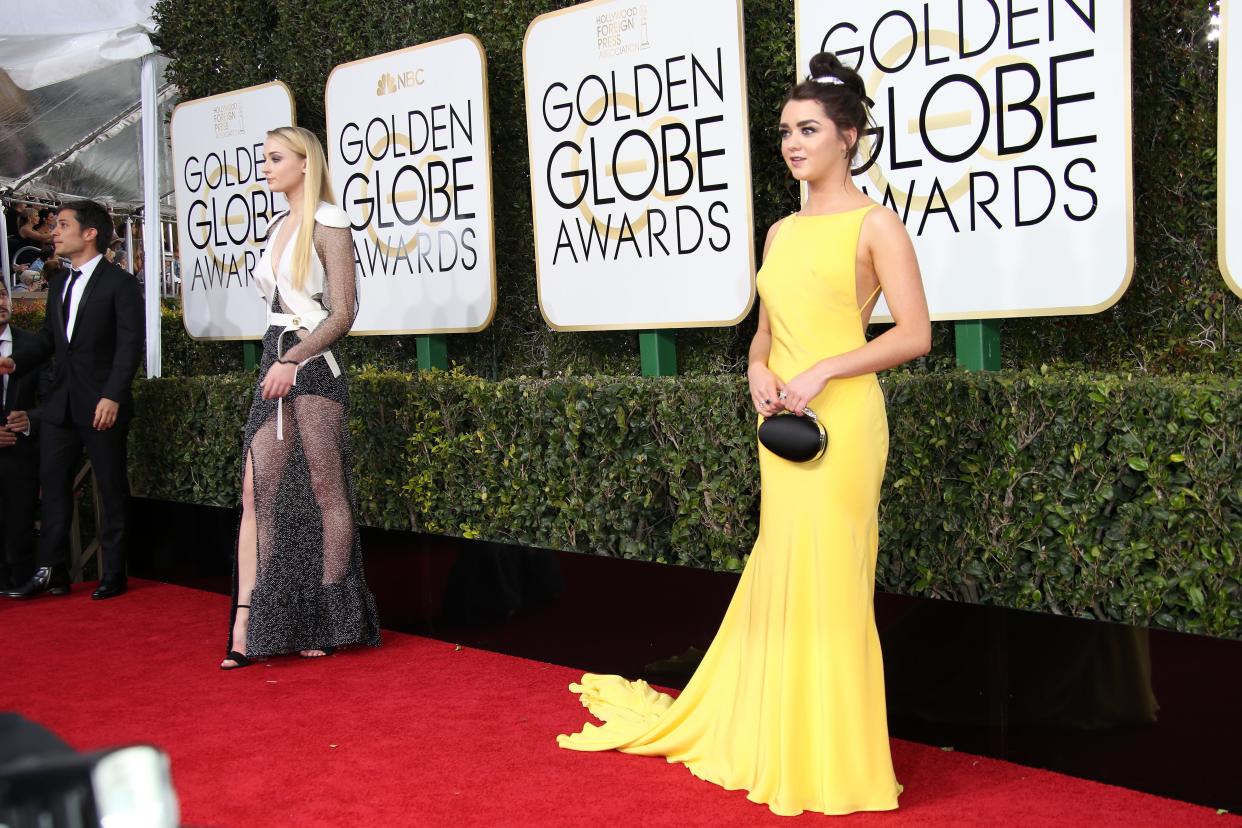 Jan 8, 2017; Beverly Hills, CA, USA; Sophie Turner, left, and Maisie Williams arrive for the 74th Golden Globe Awards at Beverly Hilton. Dan MacMedan-USA TODAY NETWORK