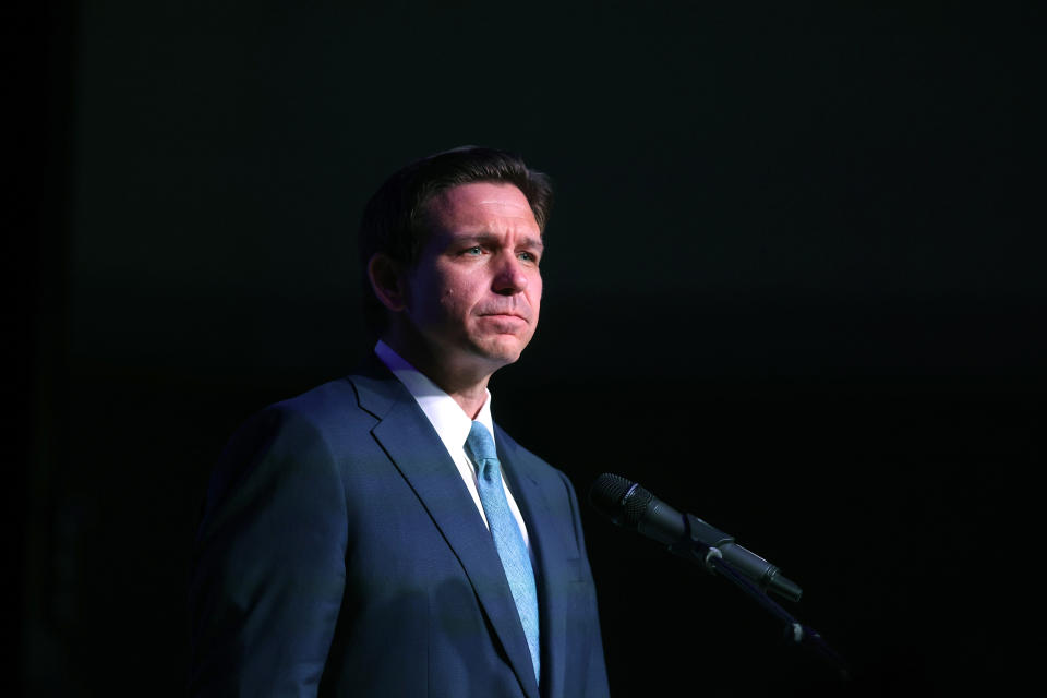 ROTHSCHILD, WISCONSIN - MAY 06: Florida Governor Ron DeSantis speaks to guests at the Republican Party of Marathon County Lincoln Day Dinner annual fundraiser on May 06, 2023 in Rothschild, Wisconsin. Although he has not yet announced his candidacy, DeSantis is expected to be among the top contenders vying for the Republican presidential nomination next year. (Scott Olson / Getty Images)