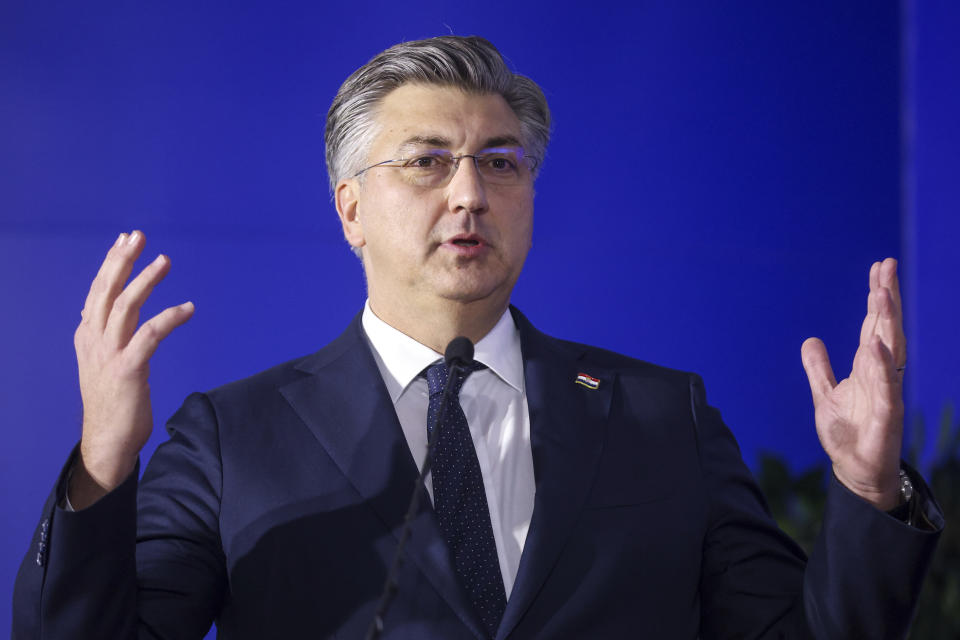 Prime Minister of the Croatia, Andrej Plenkovic, speaks during a joint press conference in Sarajevo, Bosnia, Tuesday, Jan. 23, 2024. (AP Photo/Armin Durgut)