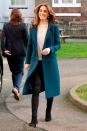 <p><em>January 29, 2020 </em>— Kate wore a gorgeous teal coat, a simple white sweater, and black pants during a surprise appearance at the London Early Years Foundation Stockwell Gardens Nursery & Pre-School in support of her survey about early childhood development. </p>