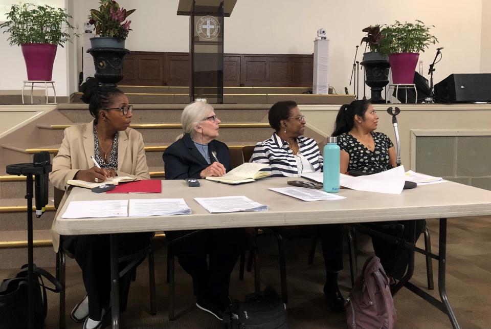 State education monitor Shelley Jallow, left, and New York Regent Frances Wills listen to East Ramapo parents on Saturday, Oct. 28, 2023 at St. Timothy Church in Spring Valley. Jean Fields, second from right, and Berta Barrales facilitated.