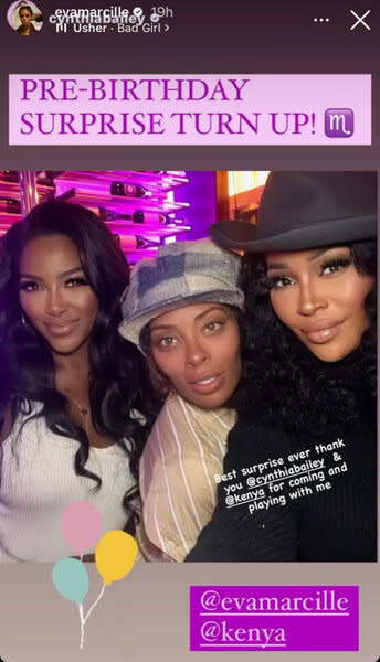 Eva Marcille, Kenya Moore, Cynthia Bailey from RHOA out together celebrating Eva's birthday.