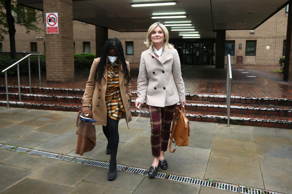 Former Blue Peter presenters Diane-Louise Jordan (left) and Anthea Turner leave Southwark Crown Court in London after giving evidence in the trial of John Leslie, who is accused of sexual assault. (Photo by Yui Mok/PA Images via Getty Images)