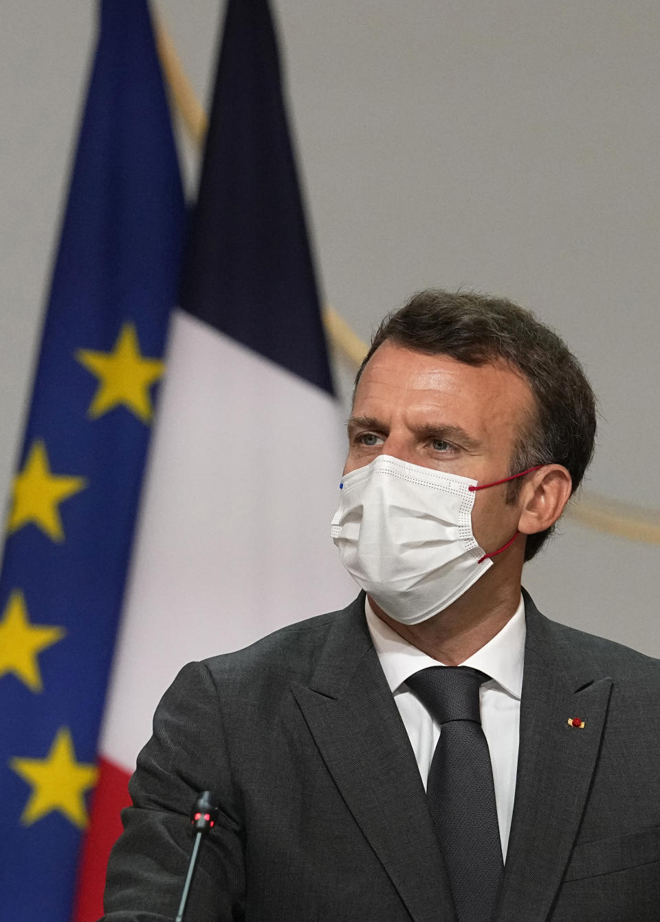 France's President Emmanuel Macron, meets French carmakers at the Elysee Palace in Paris, Monday, July 12, 2021. President Emmanuel Macron is hosting a top-level virus security meeting Monday morning and then giving a televised speech Monday evening, the kind of solemn speech he's given at each turning point in France's virus epidemic.(AP Photo/Michel Euler, Pool)