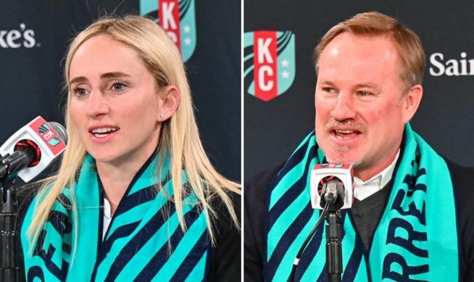 New Kansas City Current general manager Camille Levin, left, and new head coach Matt Potter met with media on Wednesday for an introductory news conference in which they outlined some plans and goals for the club.