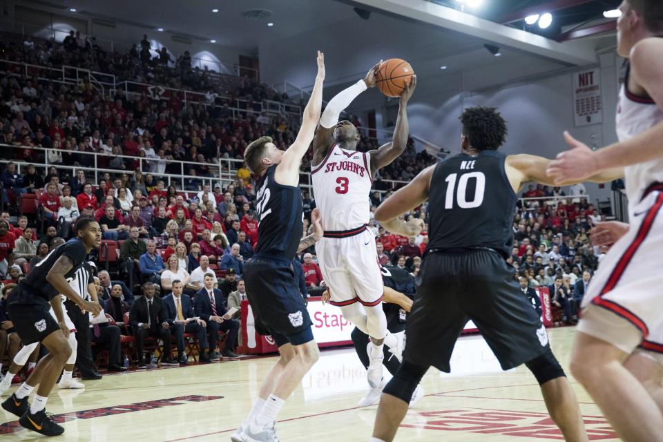 St. John's guard Rasheem Dunn (3) goes for the basket against Butler during the second half of an NCAA college basketball game, Tuesday, Dec. 31, 2019, in New York. (AP Photo/Julius Constantine Motal