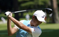 Japan's Rikuya Hoshino hits a tee shot on the 14th hole during a practice round of the men's golf event at the 2020 Summer Olympics, Tuesday, July 27, 2021, at the Kasumigaseki Country Club in Kawagoe, Japan, (AP Photo/Matt York)