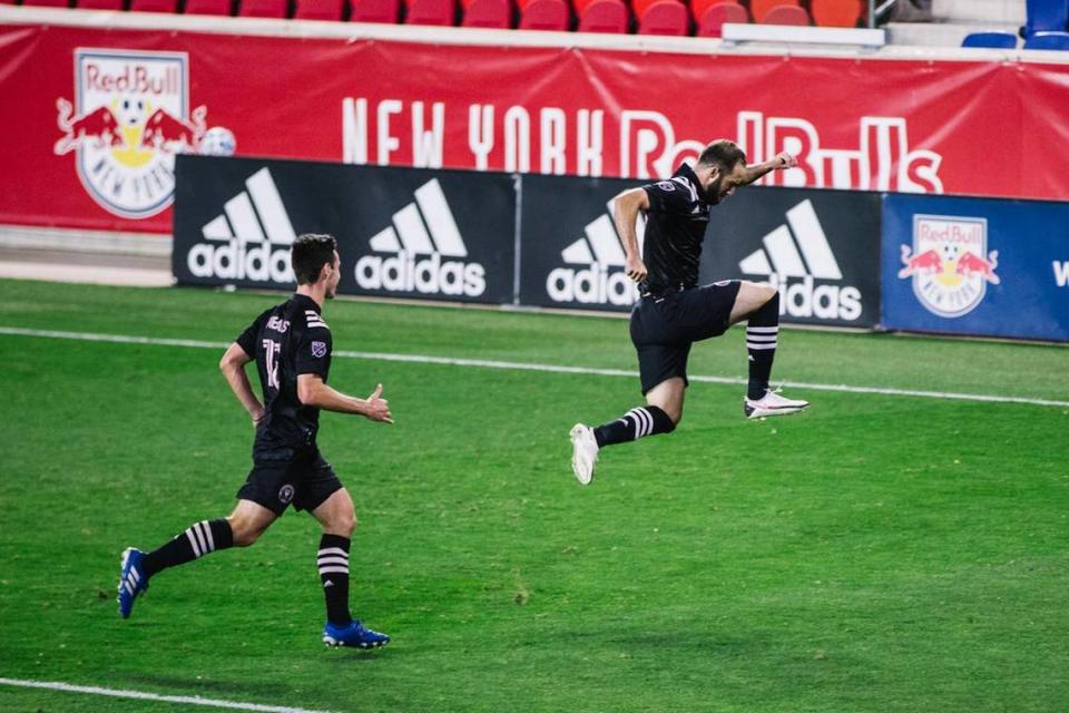 Gonzalo Higuain (right) celebrates his first MLS goal, a game-winning free kick for Inter Miami in a 2-1 road victory at New York Red Bulls on Oct. 7, 2020