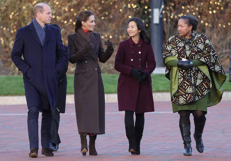 Prince William, Prince of Wales and Catherine, Princess of Wales speak with Mayor Michelle Wu and Reverend Mariama White-Hammond as they visit east Boston to see the changing face of Boston’s shoreline as the city contends with rising sea levels on December 01, 2022 in Boston, Massachusetts.